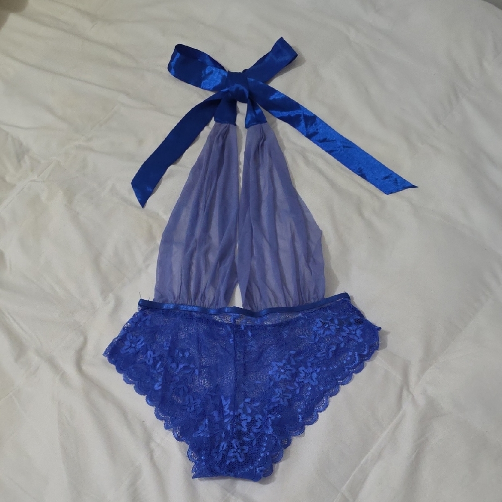 Satin and Lace Blue Halter Panty Set